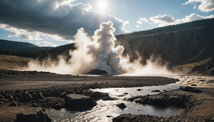 Fototapeta premium Geyser Field Forgotten in Cloudy Summer: The Traveler's Globetrot Overwhelmed in Landslide