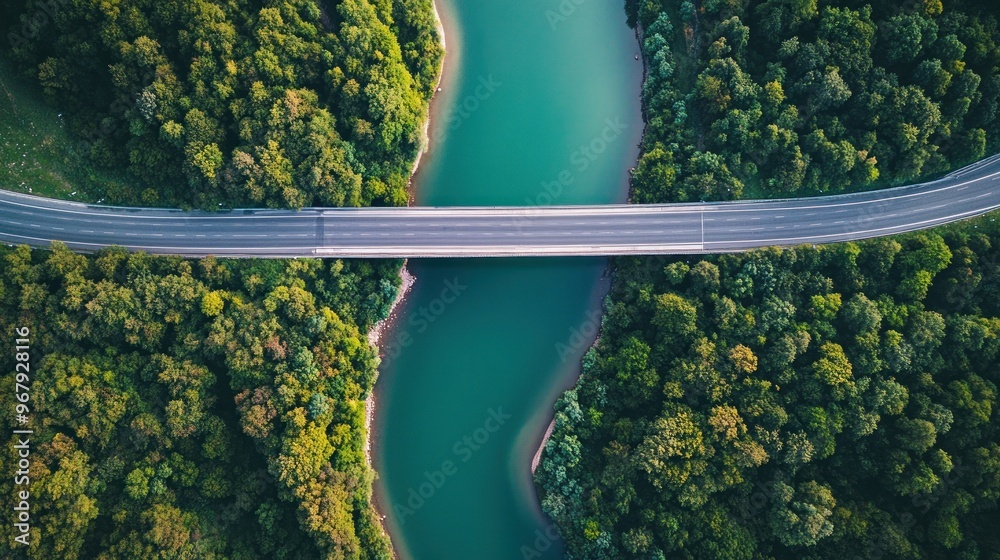 Sticker Aerial view of a road bridge crossing a river surrounded by lush greenery.