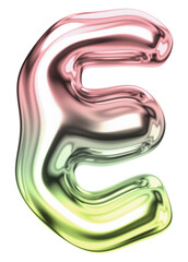 Letter E png holographic fluid chrome font, transparent background