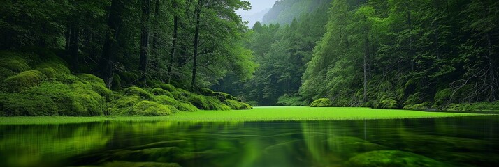 A peaceful forest features lush green foliage and a calm, reflective body of water, epitomizing tranquility and natural beauty.