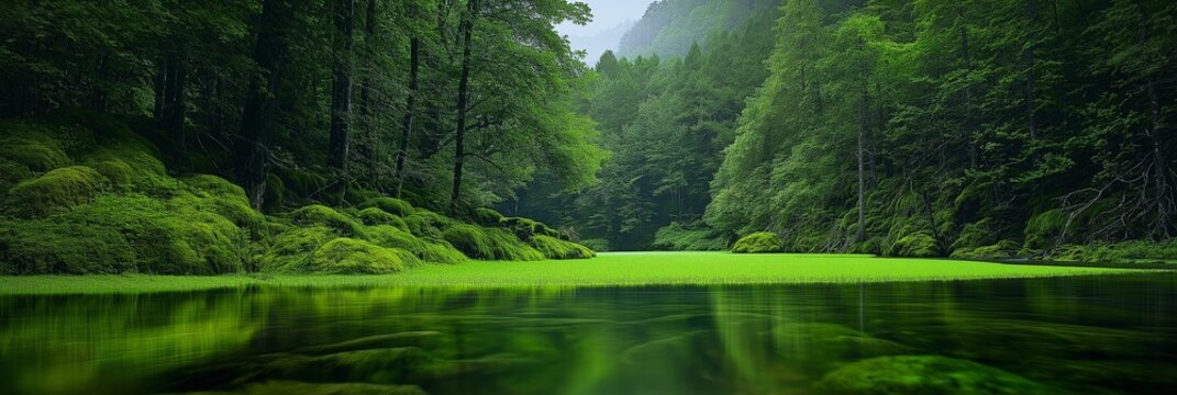 A peaceful forest features lush green foliage and a calm, reflective body of water, epitomizing tranquility and natural beauty.