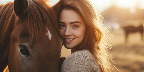 Fototapeta premium Beautiful woman with a sunlit smile embraces gentle horse in a serene countryside, backlit by a golden sunset.