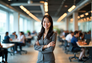 Confident Asian Businesswoman Leader Manager Standing Arms Crossed In Busy Modern Open Office Workplace Smiling At Camera Executive CEO Boss Corporate Professional Occupation Career Woman In Suit Port