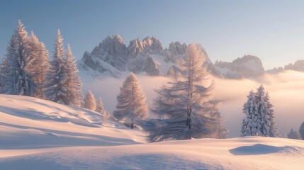 Serene winter morning in the alps  snow covered peaks and icy trees under a clear sky