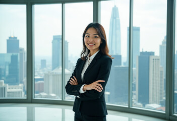 Fototapeta premium Confident Asian businesswoman arms crossed in modern office with city skyline view background entrepreneur leadership success career ambition concept