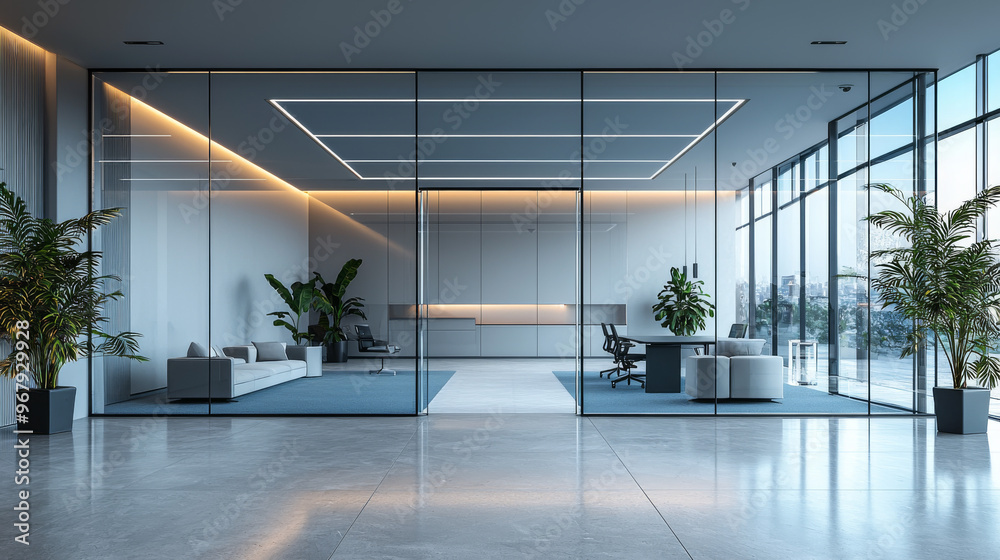 Sticker Modern office interior with glass walls and a view of the city.