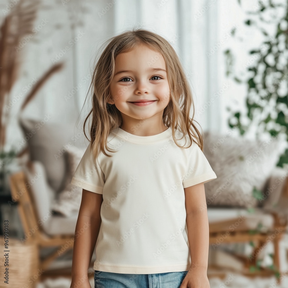 Wall mural toddler girl model mockup. cute baby wearing basic tshirt. kids blank t-shirt template. normal crewn