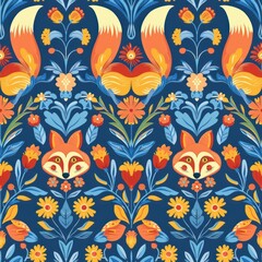 a pattern with fox on a blue background By Generated AI