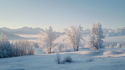 Serene winter landscape  frost covered peaks and icy trees beneath a clear dawn sky