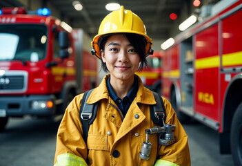 Portrait Confident Asian Female Firefighter Fire Station Emergency Service Hero Courage First Responder Firetruck Protection Rescue Safety Uniform Woman Power