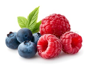 Fresh berries with green leaves on a white background.