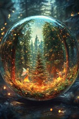 Christmas tree ball reflecting an enchanted forest.