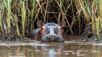Fototapeta premium A serene image of a hippo peeking through tall grasses near the water, showcasing wildlife in its natural habitat.