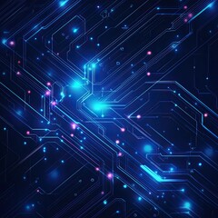 Futuristic digital circuit board design with glowing lines and particles in a vibrant blue and dark background.
