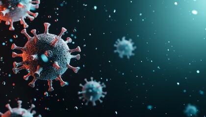 Obraz premium A swarm of viruses, each particle having different shapes and sizes, floating in a dark liquid environment, reflecting light softly from nearby fluorescent lab equipment