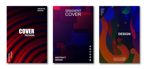 Modern gradient cover background design set. Brochure cover cards. Vibrant 3d geometric shapes compositions. Banner, cover, card, wallpaper, decoration, poster, brochure, leaflet. Template A4 size