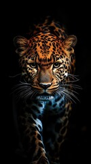 Naklejka premium A captivating portrait of a leopard showcasing its striking features and majestic presence against a dark background.