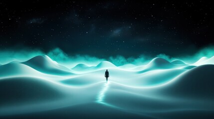 Fototapeta premium A lone figure walks through a surreal landscape, their footsteps leaving trails of shimmering light, as if they are walking through a dream.
