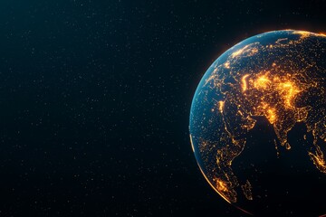 Obraz premium An abstract representation of global digital networks, featuring Earth illuminated by streams of data in neon blue and orange hues, set against a deep space backdrop