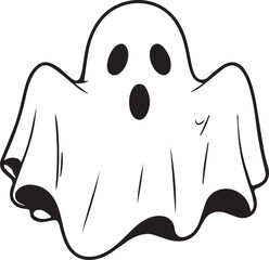 A simple and minimalist silhouette of a cheerful ghost. The ghost is completely white with a wide, friendly smile and large oval eyes, giving it a playful and approachable appearance	