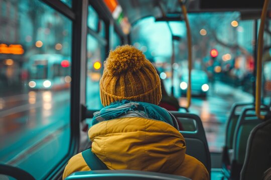 young child teenager rides public transport on a bus in warm winter clothes. moving around the city by public transport. trip to school, to study