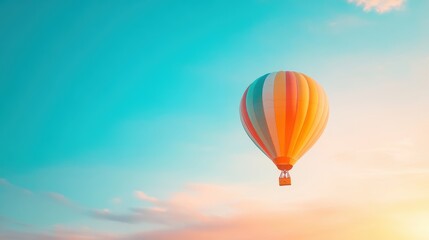 Fototapeta premium A lone hot air balloon floats gently through the sky, its colorful silhouette illuminated by the warm glow of a setting sun, as if it were a part of a whimsical dream.