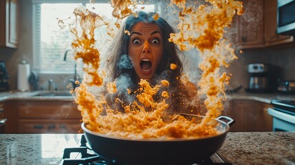 A shocked woman in the kitchen witnessing a cooking disaster, with flames and splashes of sauce in an intense moment.