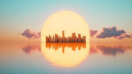 Obraz premium A distant city appears to be floating on a shimmering mirage, its buildings bathed in the warm glow of the setting sun, creating a surreal scene of urban fantasy.