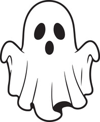 A simple and minimalist silhouette of a cheerful ghost. The ghost is completely white with a wide, friendly smile and large oval eyes, giving it a playful and approachable appearance	