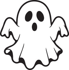 A simple and minimalist silhouette of a cheerful ghost. The ghost is completely white with a wide, friendly smile and large oval eyes, giving it a playful and approachable appearance	