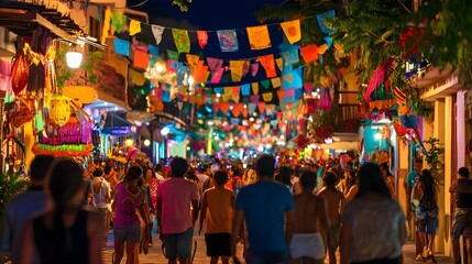 Colorful street festival at night with crowds.