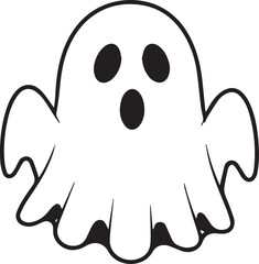 A simple and minimalist silhouette of a cheerful ghost. The ghost is completely white with a wide, friendly smile and large oval eyes, giving it a playful and approachable appearance	