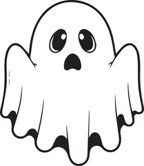 A simple and minimalist silhouette of a cheerful ghost. The ghost is completely white with a wide, friendly smile and large oval eyes, giving it a playful and approachable appearance	