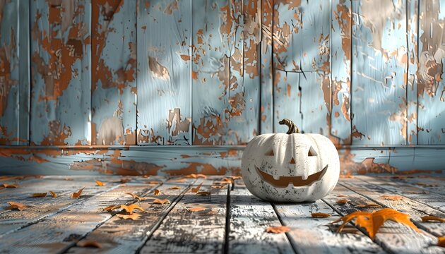 Heller Helloween-K&uuml;rbis auf einem Holzboden und vor einer blauen Wand, mit abbl&auml;tternden Wandfarbe
