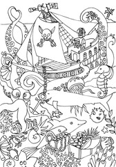 Coloring page with ocean animals. Pirates on a ship fight octopus in the sea. Marine life. Coloring book sketch vector illustration