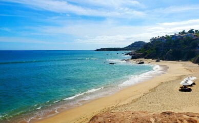 view of the beach and ocean. panoramic view. room for copy