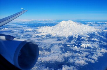 Snowy mountain view from airplane