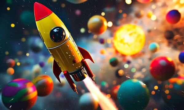 A Yellow Rocket Soaring Through Space