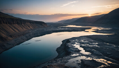 Naklejka premium Lagoon Enigmas in Cloudy Summer: The Expeditioner's Quest Engulfed in Landslide