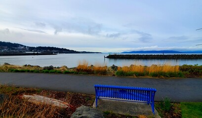 blue bench on the saltwater bay, walking path, cloudy sky