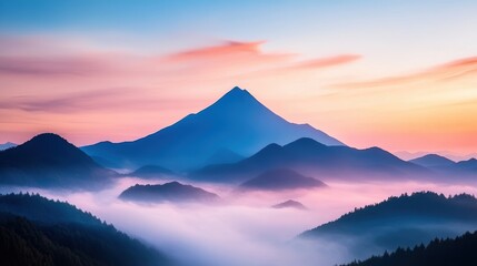 A mountain range silhouetted against the twilight sky, its peaks obscured by wispy clouds that drift across the ethereal landscape.