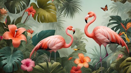 beautiful flamingo wallpaper with green leaves and flowers 
