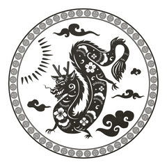 Year of dragon badge png black Chinese horoscope animal