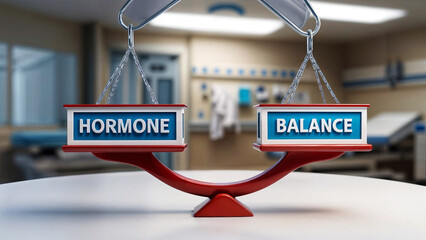 3d illustration design concept render of a scale sign labeled word text "BALANCE HORMONE" symbolizing the balance between hormones and balance within the body