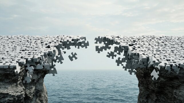 A bridge made of fragmented puzzle pieces, connecting two cliffs representing transformation, with one side in chaos and the other side calm and orderly