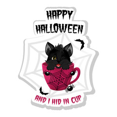 Happy Halloween sticker with spiders, web, bats and black kitten, hiding in a cup.