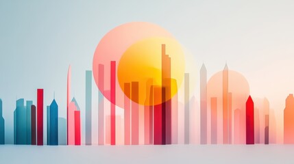 Obraz premium A collection of abstract forms merge with the silhouette of a distant cityscape, creating a surreal and thought provoking image.