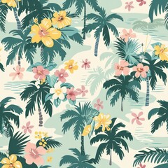 a seamless pattern with palm trees, hibiscus and flowers By Generated AI