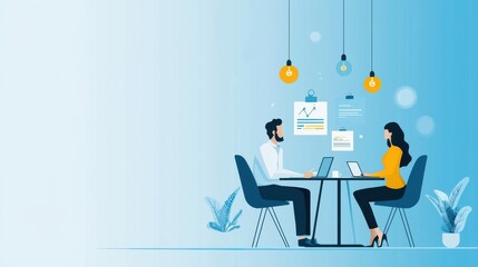 A business coach sits across from a client in a bright office, discussing a roadmap to success, with papers and charts on the table., flat design illustration
