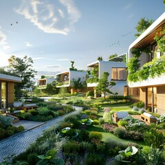 Fototapeta premium Sustainable Eco Village with Communal Green Spaces and Modern Eco Friendly Homes